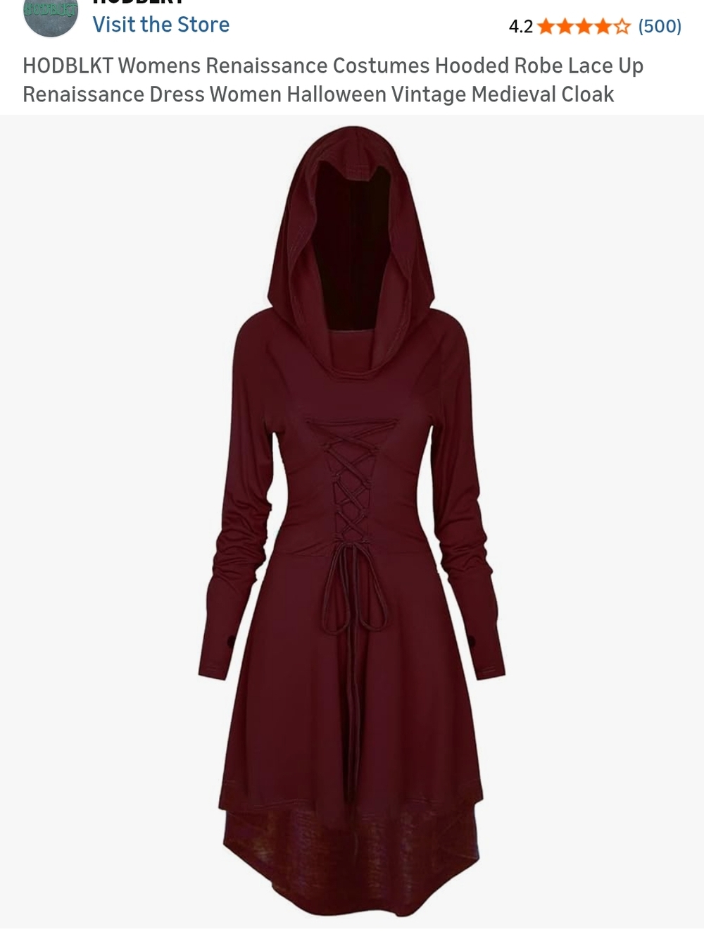 Women's Hooded Lace-Up Renaissance Dress - Burgundy